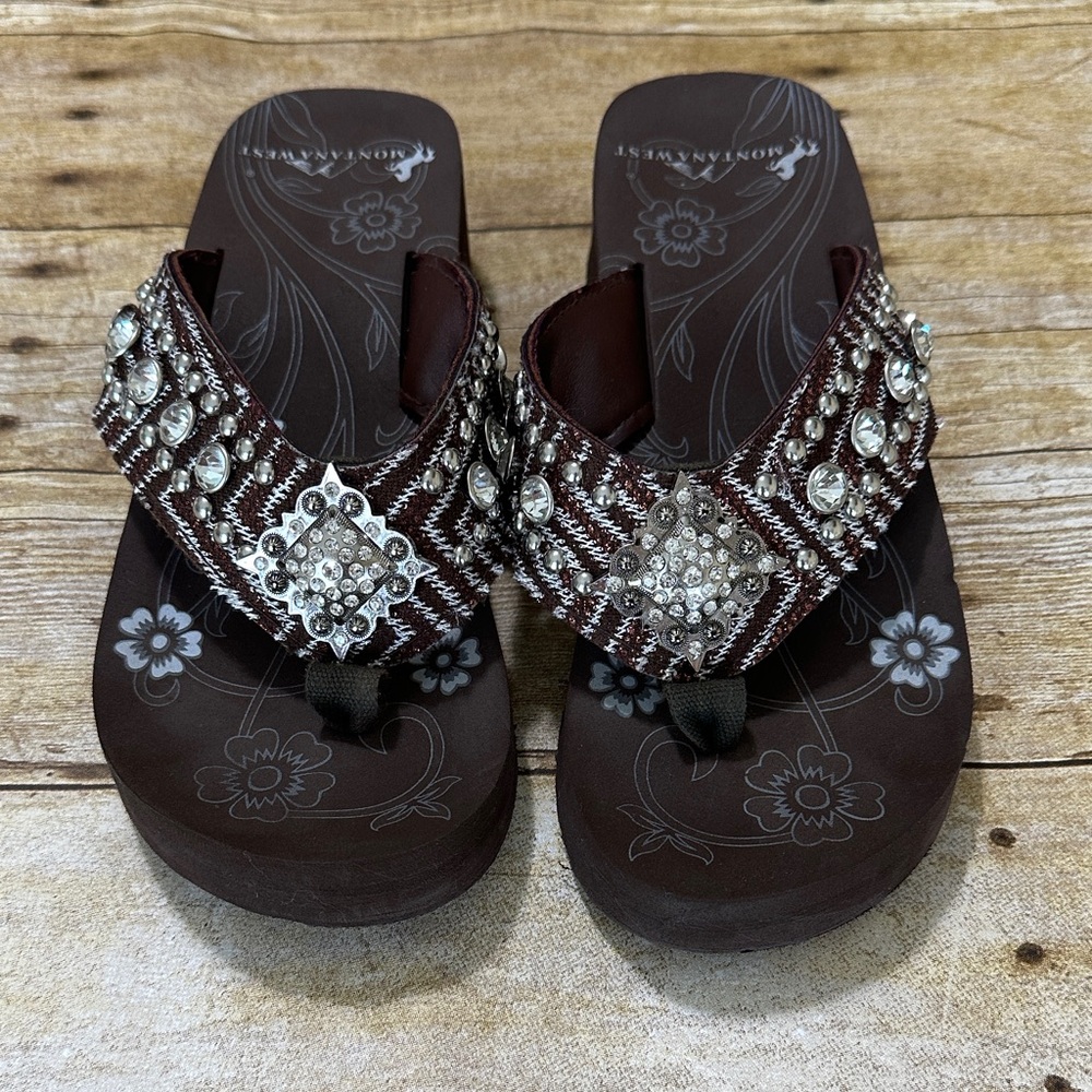 Montana West Brown Sandals with Silver Jewel Accents